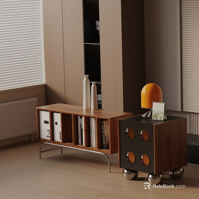 Modern Wooden Nightstand With Metal Frame Decorative Books White Vases And Orange Lamp 3d model 