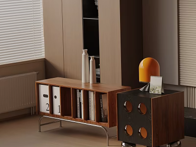 Modern Wooden Nightstand With Metal Frame Decorative Books White Vases And Orange Lamp 3d model