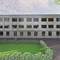 Modern White Office Building With Multiple Windows Parking Lot Green Lawn And Pedestrians