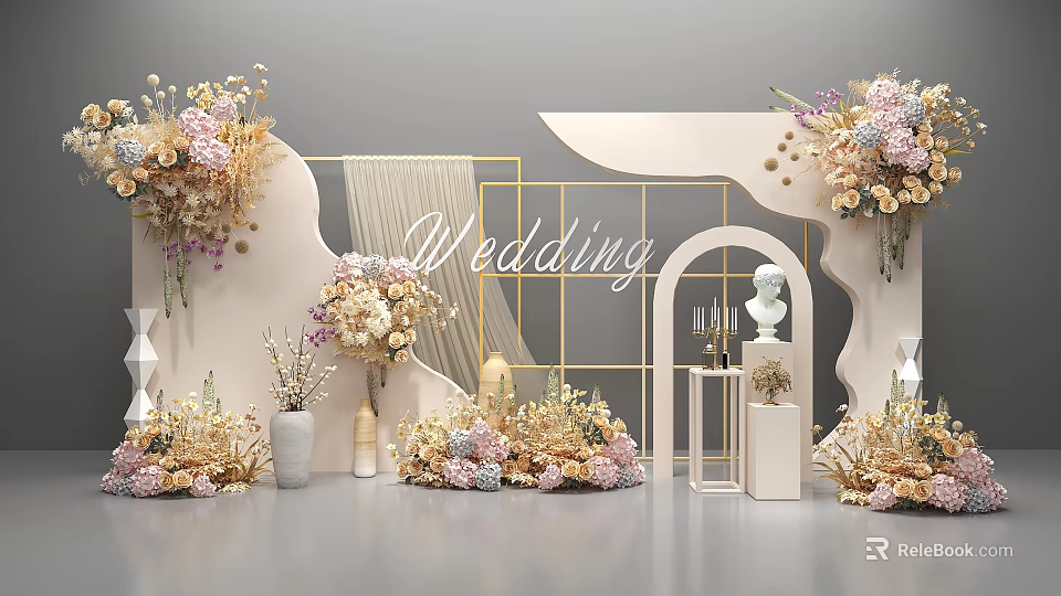 Elegant Wedding Floral Arrangement with Arch Geometric Frames and White Display Stands 3d model 