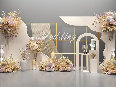 Elegant Wedding Floral Arrangement with Arch Geometric Frames and White Display Stands 3d model