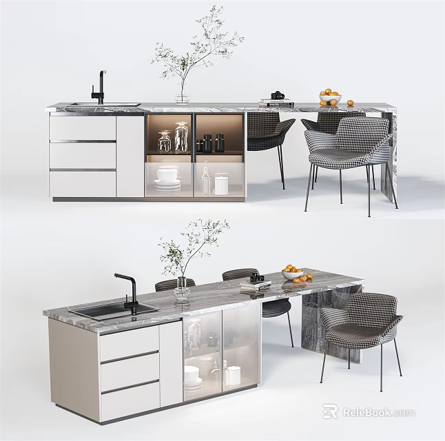 Modern Dining Table Set With Marble Countertop Cabinets And Comfortable Chairs 3d model