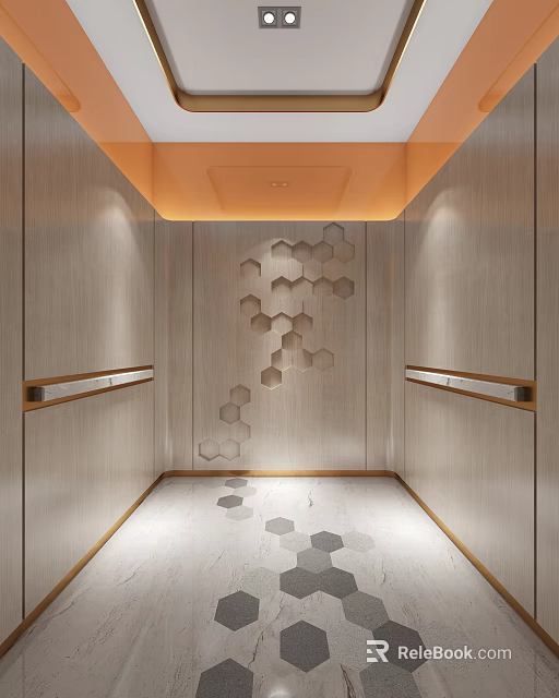 Elevator Interior Design With Hexagonal Wall And Floor Patterns Orange Ceiling And Handrails 3d model 