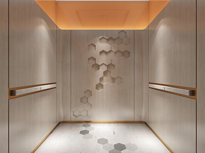 Elevator Interior Design With Hexagonal Wall And Floor Patterns Orange Ceiling And Handrails 3d model