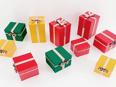 Colorful Decorative Gift Box Ornament Set With Red Yellow Green Bows And Gold Silver Ribbons 3d model