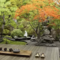 Tranquil Japanese Garden With Wooden Platform Stones Lantern And Colorful Trees