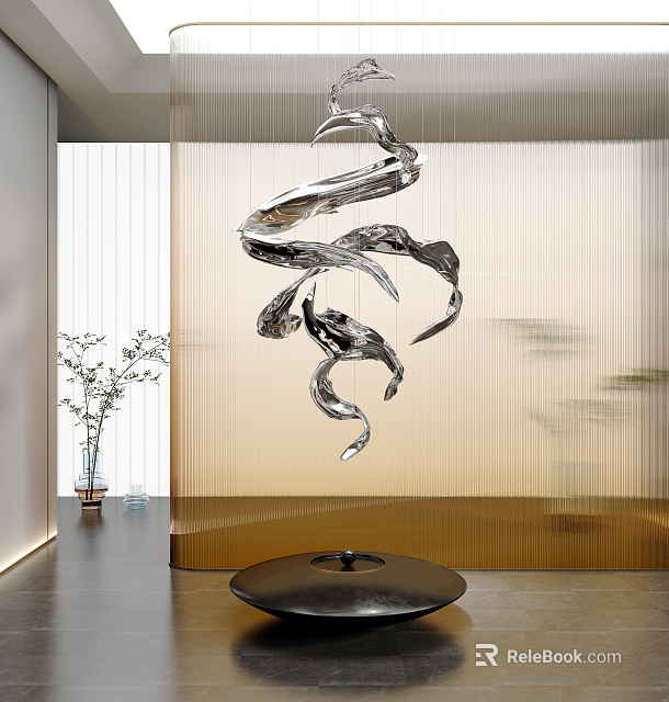 Modern Metal Sculpture with Twisted Spiral Design Hanging Indoor with Light Curtain Background 3d model 