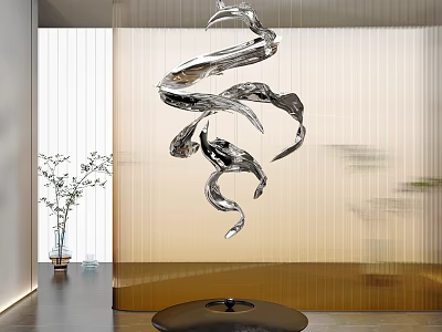 Modern Metal Sculpture with Twisted Spiral Design Hanging Indoor with Light Curtain Background 3d model
