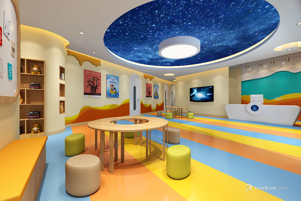 Vibrant Kindergarten Classroom With Starry Ceiling Colorful Floor Round Tables And Stools 3d model 