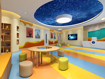 Vibrant Kindergarten Classroom With Starry Ceiling Colorful Floor Round Tables And Stools 3d model