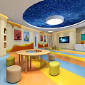 Vibrant Kindergarten Classroom With Starry Ceiling Colorful Floor Round Tables And Stools