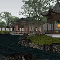 Traditional Chinese Garden Landscape With Wooden Bridge Pond Pavilion And Rock Formations