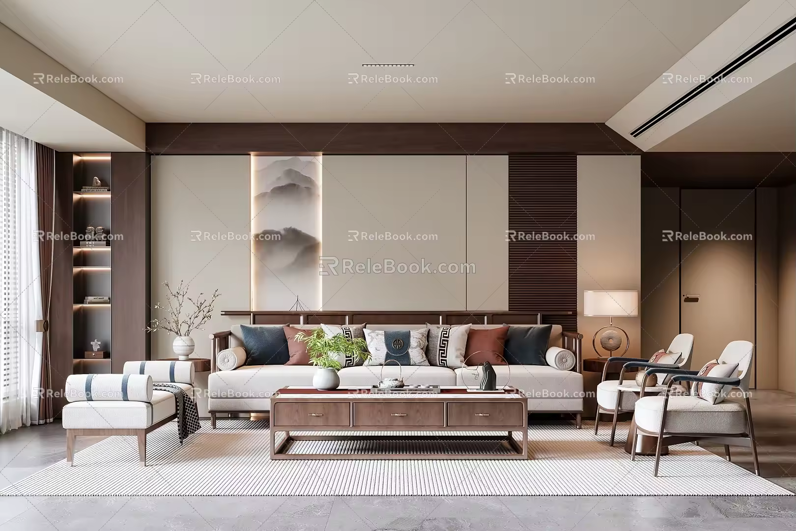 Living room sofa coffee table combination background wall table lamp ornaments 3d model
