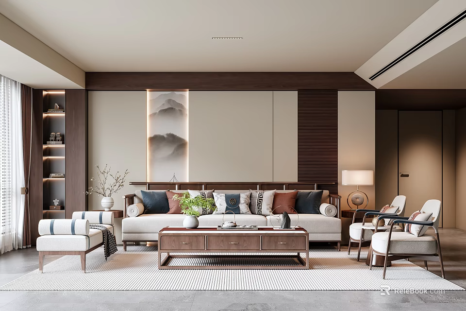 Modern Chinese Living Room Interior With Sofa Pillows Wooden Coffee Table Armchairs And Mountain Painting 3d model 