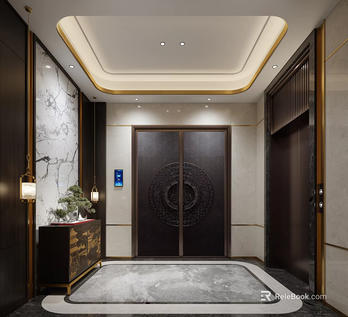 Modern Elevator Hallway With Marble Walls Decorative Doors And Gold Accent Ceiling 3d model