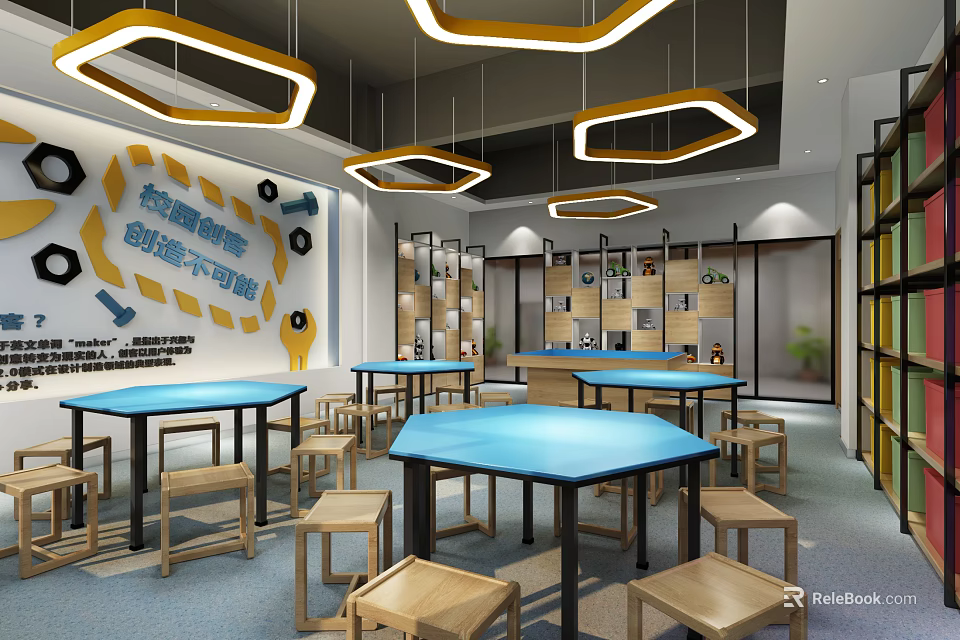School Maker Space Innovation Workshop With Blue Tables Wooden Stools Bookshelves And Geometric Pendant Lights 3d model 