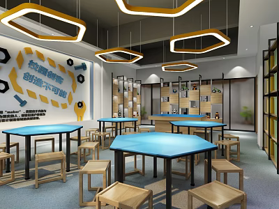 School Maker Space Innovation Workshop With Blue Tables Wooden Stools Bookshelves And Geometric Pendant Lights 3d model