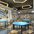 School Maker Space Innovation Workshop With Blue Tables Wooden Stools Bookshelves And Geometric Pendant Lights
