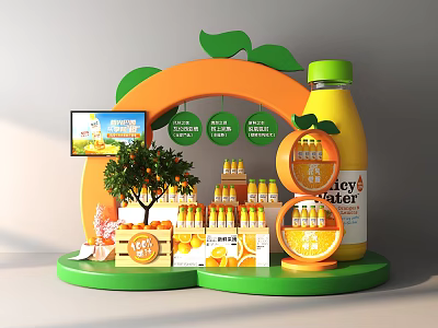 Interactive Zone Featuring Orange Juice Products Display With Tree And Screen 3d model