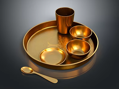 Elegant Golden Metal Tableware Set With Tray Cup Bowls And Spoon 3d model