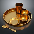 Elegant Golden Metal Tableware Set With Tray Cup Bowls And Spoon