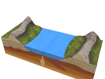 Natural Terrain With Central River Flanked By Green Hills And Geological Layers 3d model