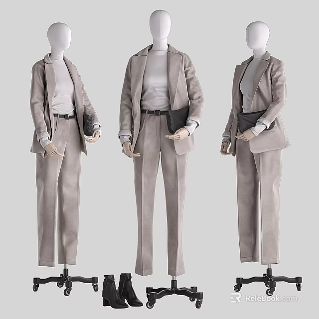 Fashion Mannequins in Light Gray Suit Sets Displaying Different Poses With Handbags 3d model 