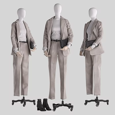 Fashion Mannequins in Light Gray Suit Sets Displaying Different Poses With Handbags 3d model