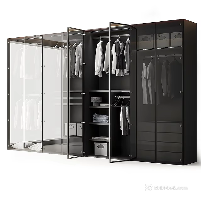 Modern Closet Design With Glass Doors Hanging Clothes Shelves Folded Items And Drawers 3d model 
