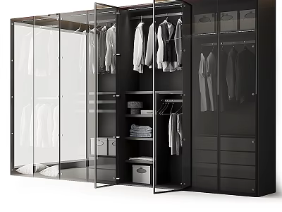 Modern Closet Design With Glass Doors Hanging Clothes Shelves Folded Items And Drawers 3d model