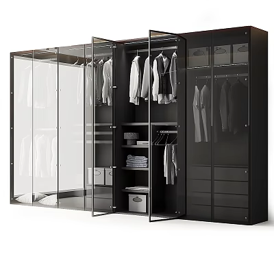 Modern Closet Design With Glass Doors Hanging Clothes Shelves Folded Items And Drawers 3d model