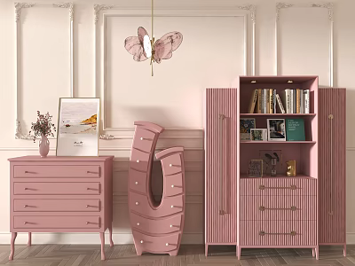 Elegant Pink Dresser Interior With White Wall Gold Trim Vase And Photo Frame 3d model