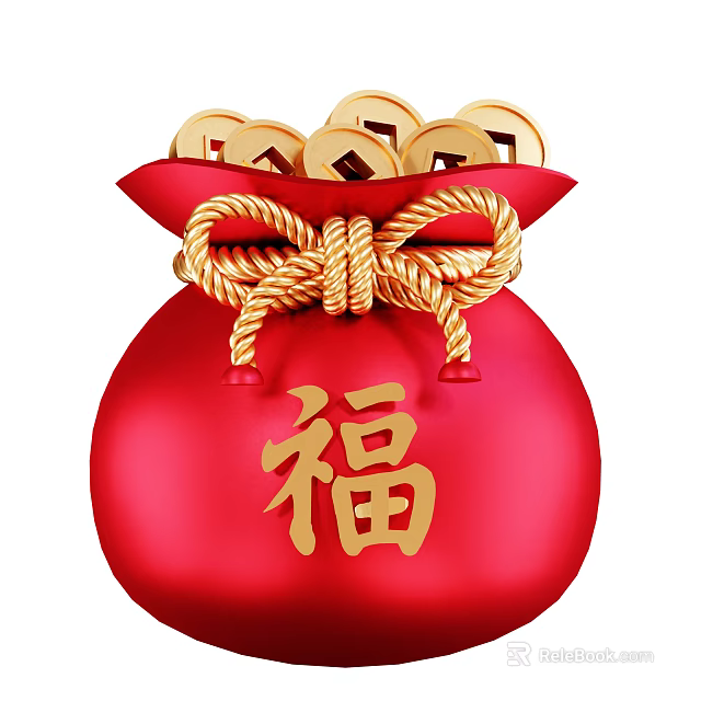 Decorative Ornament Set Featuring Red Bag Golden Fu Character Tied With Golden Rope And Ingots 3d model 