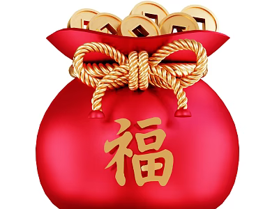 Decorative Ornament Set Featuring Red Bag Golden Fu Character Tied With Golden Rope And Ingots 3d model
