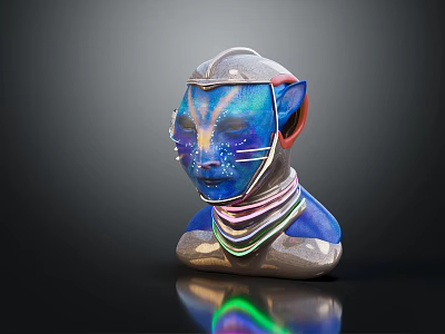 Fantasy Creature Sculpture With Blue Face Cat Ears Colorful Neck Rings And Reflective Base 3d model
