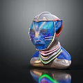 Fantasy Creature Sculpture With Blue Face Cat Ears Colorful Neck Rings And Reflective Base