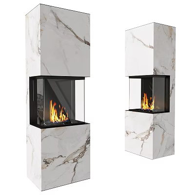 Modern Freestanding Fireplaces With Marble Finish Glass Panels And Flames 3d model