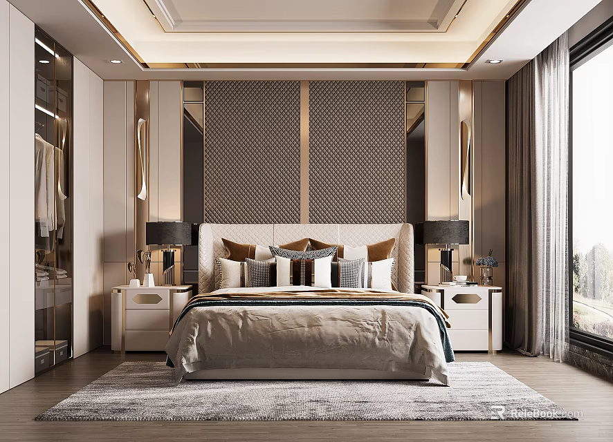 Elegant Modern Bedroom Interior With Patterned Headboard Wall Nightstands Table Lamps And Area Rug 3d model 