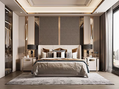 Elegant Modern Bedroom Interior With Patterned Headboard Wall Nightstands Table Lamps And Area Rug 3d model