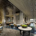 Modern Restaurant Interior With Blue Tiled Floor Black Ceiling Buffet Counters And Colorful Seats