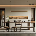 Traditional Zen Tea Room Interior With Wooden Table Tea Set And Landscape Painting