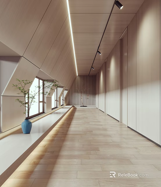 Modern Elevator Hallway Interior With Wooden Ceiling Linear Lighting And Blue Vase 3d model 
