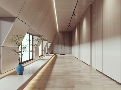 Modern Elevator Hallway Interior With Wooden Ceiling Linear Lighting And Blue Vase 3d model