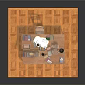 Wooden Dining Table with Books Lamp Cup and Chair on Wooden Parquet Floor
