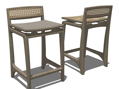 Set of Two Wooden Bar Stools With Woven Backrest And Seat 3d model