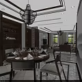 Chinese Style Dining Living Room Interior With Round Table Chandelier Wooden Furniture And Display Shelves