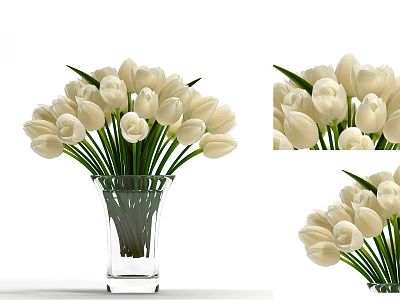 Fresh White Tulips Arrangement In Transparent Glass Vase For Home Decoration 3d model