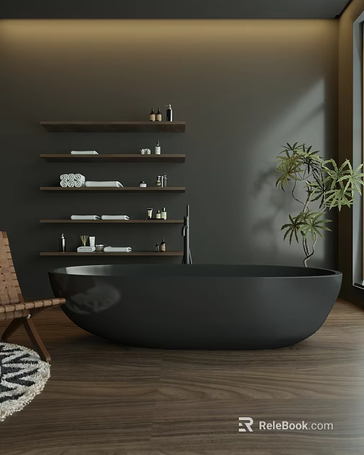 Modern Bathroom Interior With Black Freestanding Bathtub Gray Walls Shelves And Potted Plant 3d model 