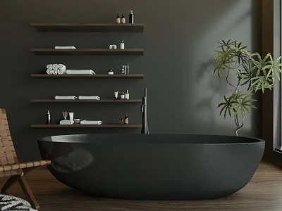 Modern Bathroom Interior With Black Freestanding Bathtub Gray Walls Shelves And Potted Plant 3d model