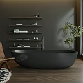 Modern Bathroom Interior With Black Freestanding Bathtub Gray Walls Shelves And Potted Plant